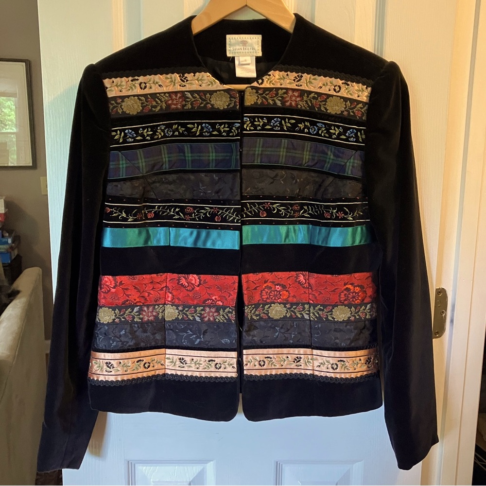 Vintage Susan Bristol Black Velvet Tapestry Jacket with Ribbons Sz 8